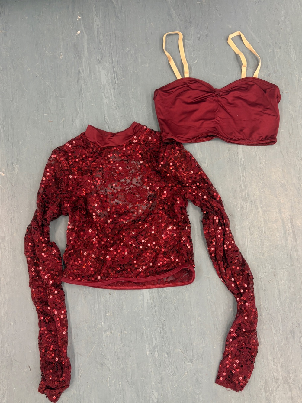 Kids Sequin Long-Sleeve Top with Matching Bralette - Burgundy